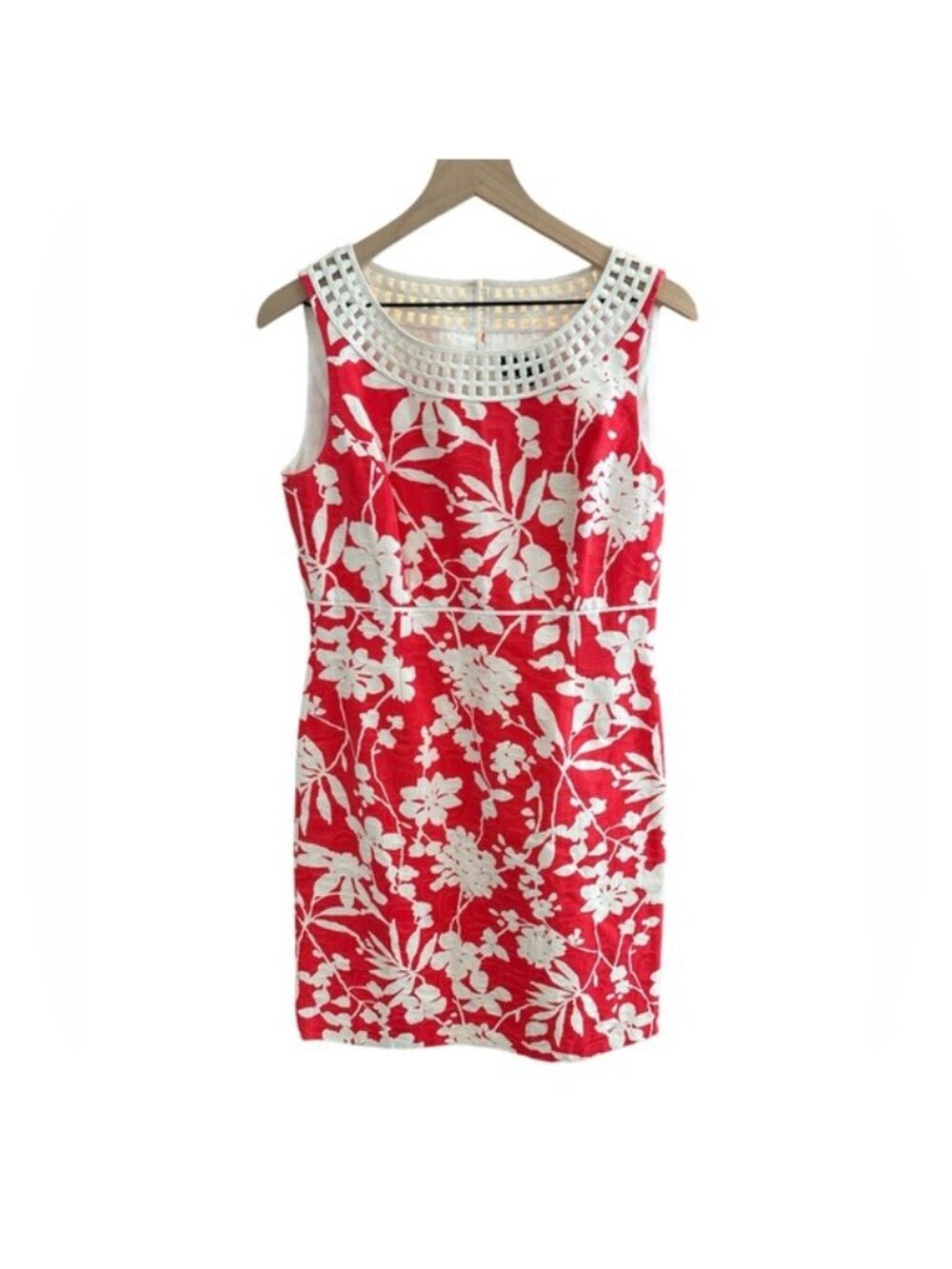 Tahari Arthur S. Levine Floral Sheath Dress Size 8 Coral Red White Lattice Neck - Picture 2 of 8